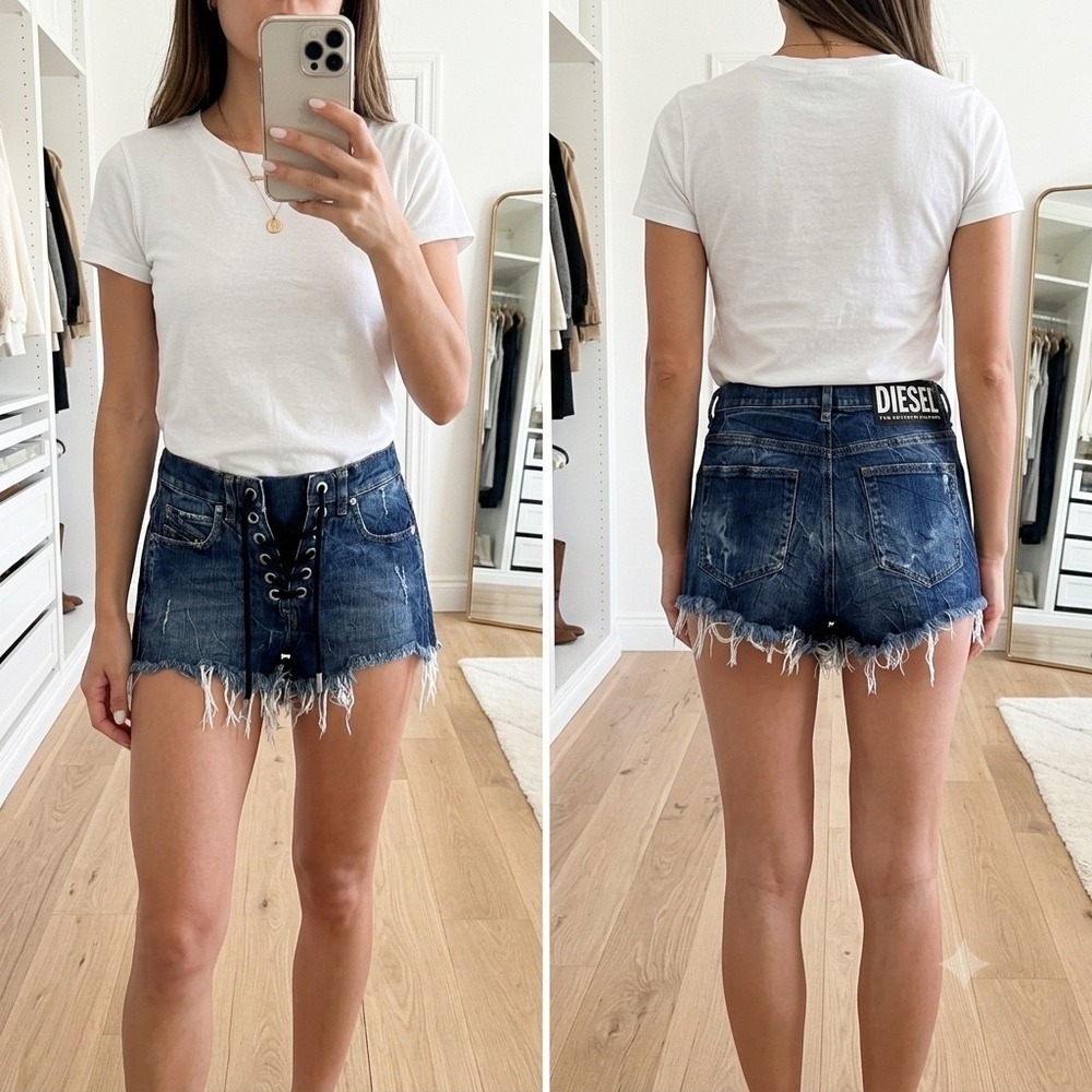 DIESEL Lace Up Denim Shorts Size 27 Distressed Raw Hem Frayed Jean Corset Y2K